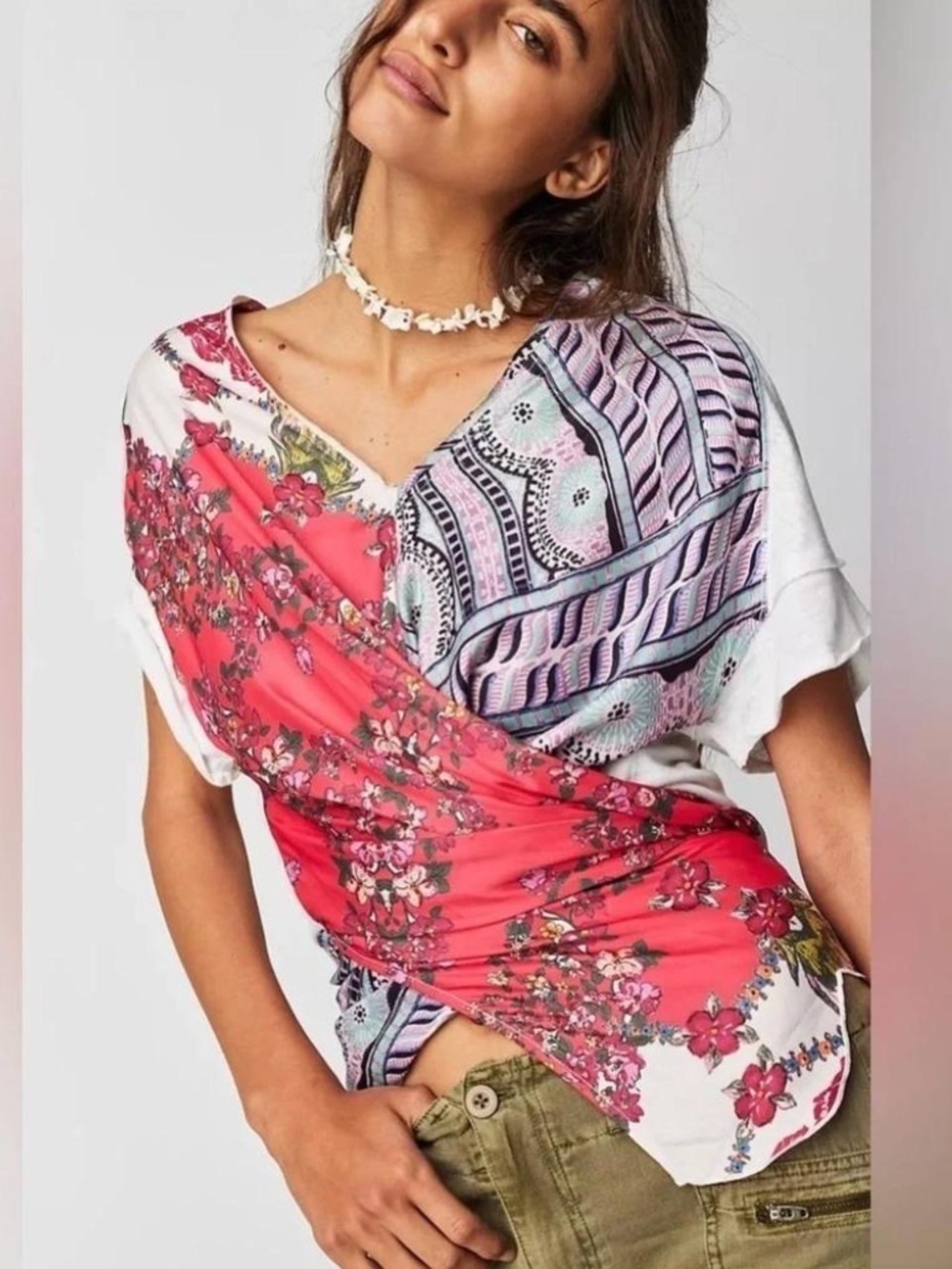 Free People Patchwork Print Tee Festival Boho Top Women Size S